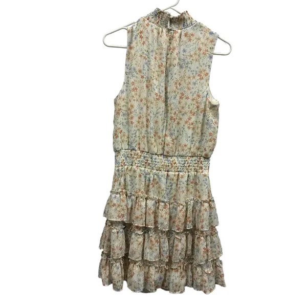 MSK Cream Floral High Neck Sleeveless Ruffled Tiered Mini Dress Womens Medium - Image 6