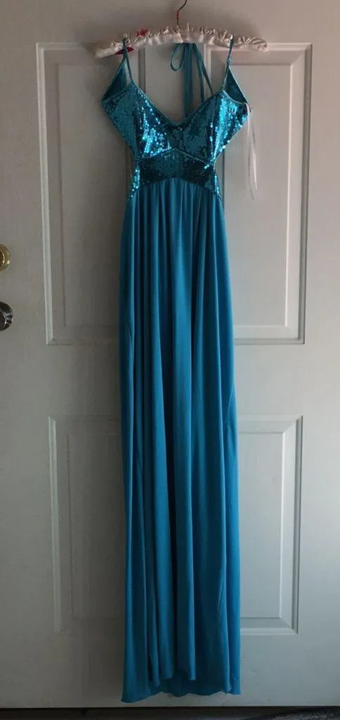New Masquerade Formal or Prom Halter Shimmery Sequins Dress Turquoise Blue 3/4 - Image 13