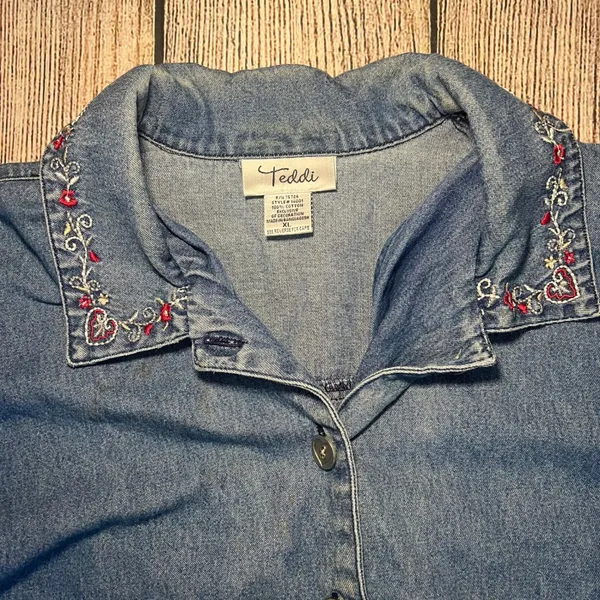 VTG 90s Teddi‎ Denim Button Up Jacket Embroidered Collar Pockets Blue Womens XL - Image 4