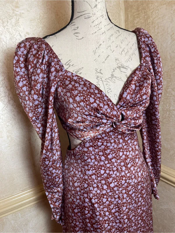 ASTR The Label Lainie Dress Floral Cutout Midi Sz S Puff Sleeve Lavender Brown - Image 7