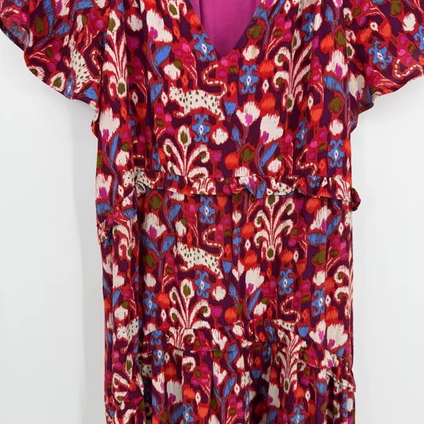 Anthropologie Robin Tiered Mini Dress Size XS Red Floral Ikat Ruffle Boho V Neck - Image 5