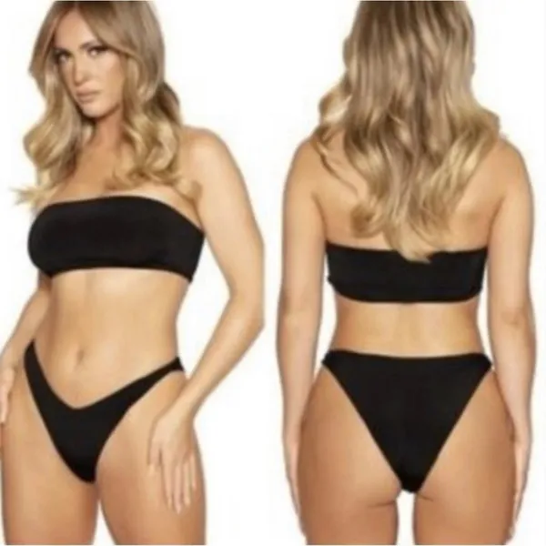 Naked Wardrobe Bikini Set Bandeau Tube Top Cheeky High Cut Bottom Black S - Image 2