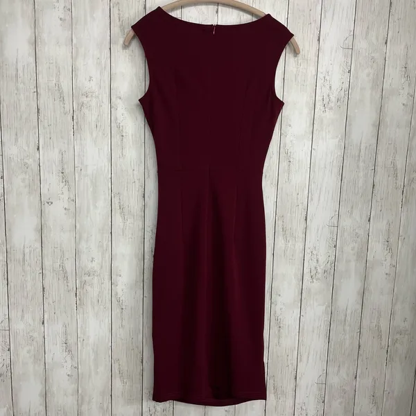 Miusol Burgundy Ruched Zip Back Sleeveless Midi Fitted Dress Small - Image 2