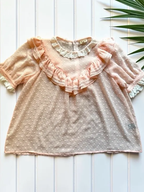 POL Pink Swiss Dot Ruffle Lace Blouse Size Large Cottagecore - Image 6