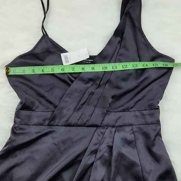 Banana‎ Republic -738 Faux Wrap Slip Dress Asymmetrical shoulder Black Satin 4 - Image 12