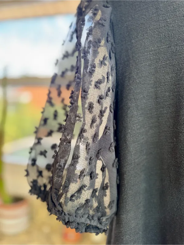 Maeve Anthropologie Swiss Dot Sheer Puff Sleeve Top Mixed Media Black Small - Image 5