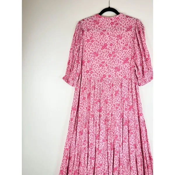 Karlie Womens Dress Pink Floral Ditsy Midi Tiered A Line Cottagecore Boho Small - Image 6