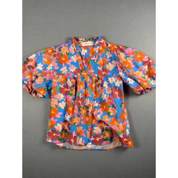 Pants Store Womens Floral Puff Sleeve Babydoll Blouse Blue Orange XS - Image 2