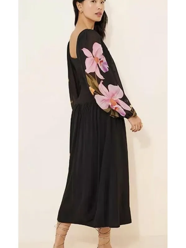 Farm Rio x Anthropologie Floral Long-Sleeve Midi Dress in Black, Size XS - Image 2