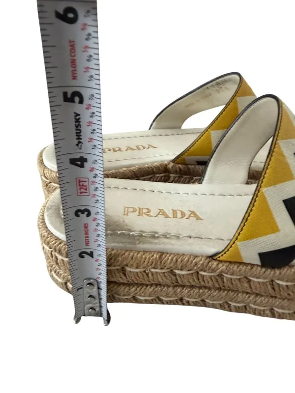 PRADA Zig Zag Beige Yellow Leather Platform Espadrilles Sandals Size 37.5 US 7.5 - Image 4