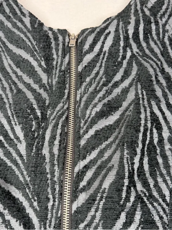 Free People Chenille Zebra Mini Dress Black Gray Drop Waist Pockets 19" Bust - Image 5