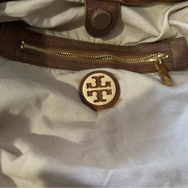 Tory Burch Shoulder Bag Canvas Leather Gold Logo Handbag Ladies Natural/Brown - Image 6