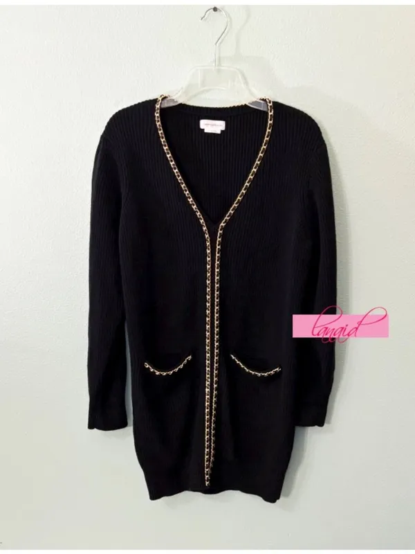 Lovers Friends Norina Cardigan Dress Black Chains Knit Edgy Chunky Sweater Mini - Image 9