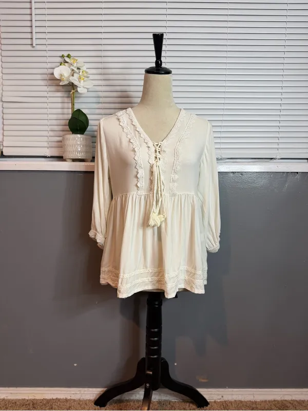 Janasya Ivory Lace Up Babydoll Top Medium Boho Crochet Trim Peasant Blouse - Image 2
