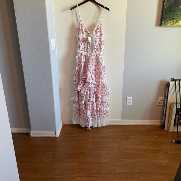 Free People Hearts Desire Bodysuit Ruffles Lace Embroidered Maxi Dress - Image 5