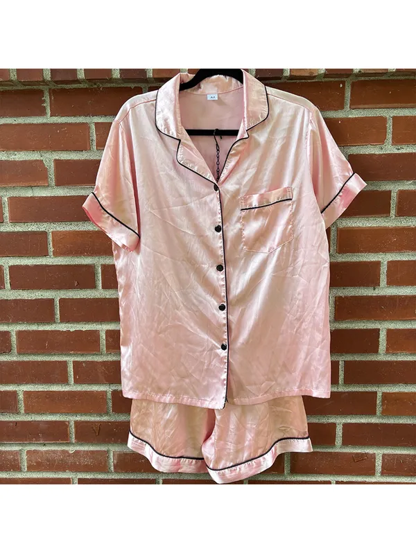 Pink Satin Pajama Set with Black Piping - Short Sleeve Top and Shorts - Image 2