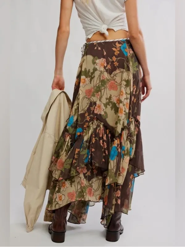 Free People Palermo Villa Chiffon Maxi Skirt in Chocolate Combo 0 - Image 5
