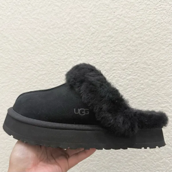 UGG Disquette Black Suede Leather Plush Sheepskin Platform Slippers Size 8 - Image 7