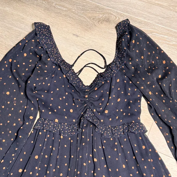 LUMIERE Navy Blue Polka Dot Lace Up Ruffle Mini Dress Womens‎ Small S - Image 3