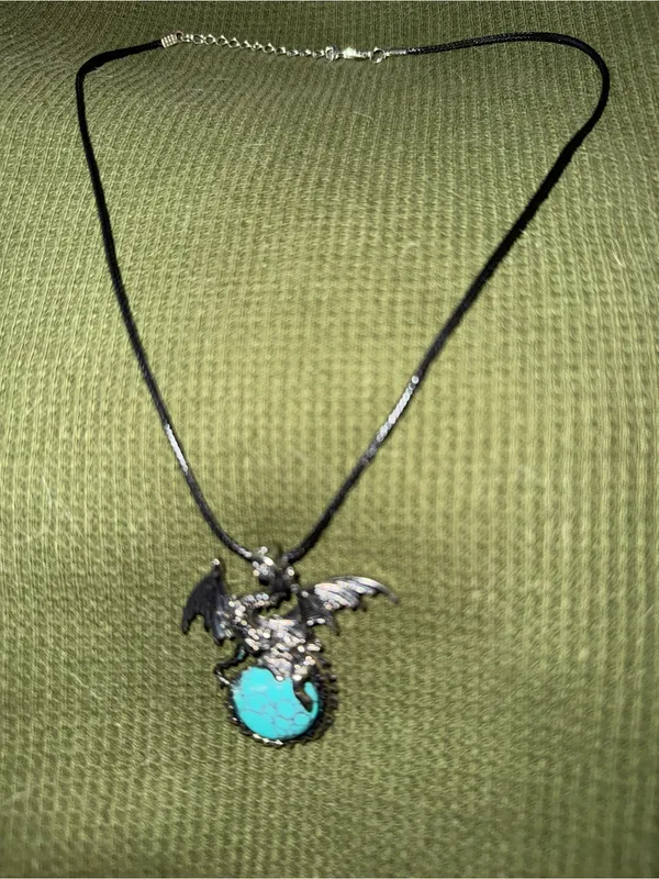 Dragon Pendant Necklace with Turquoise Stone - Black Cord - Image 3