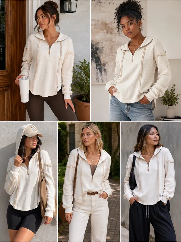 BKE Women’s Waffle Knit Quarter Zip Hoodie Small Cream Hooded Pullover - Image 2