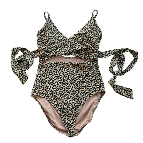 Aerie Leopard Print Wrap One Piece Swimsuit Tan Black Cutout Tie Waist L Long - Image 4