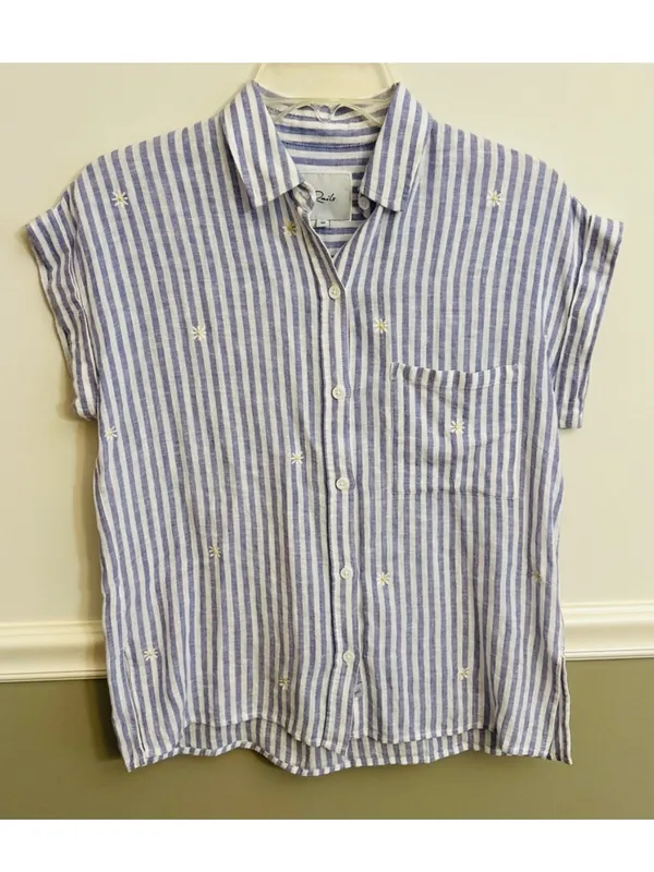 Rails Whitney Blue White Stripe Daisy Short Sleeve Collared Linen Rayon Shirt XS - Image 2