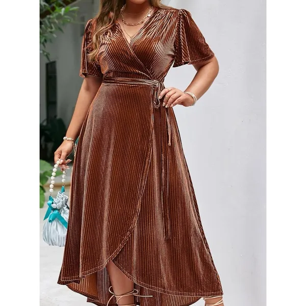 Women's‎ Formal Rust Colored V-neck Ribbed High Low Velvet Wrap Dress Sz Medium - Image 2