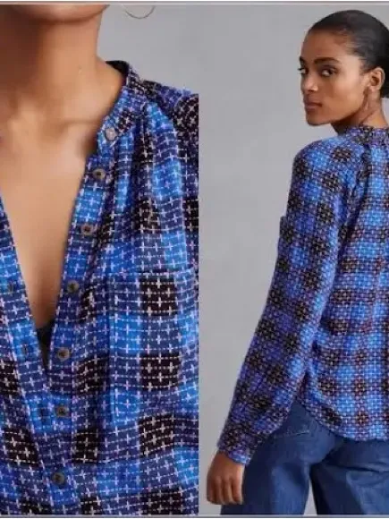 Anthropologie Pilcro Button Up Womens XS Blue Embroidered Plaid Crew Neck Blouse - Image 2