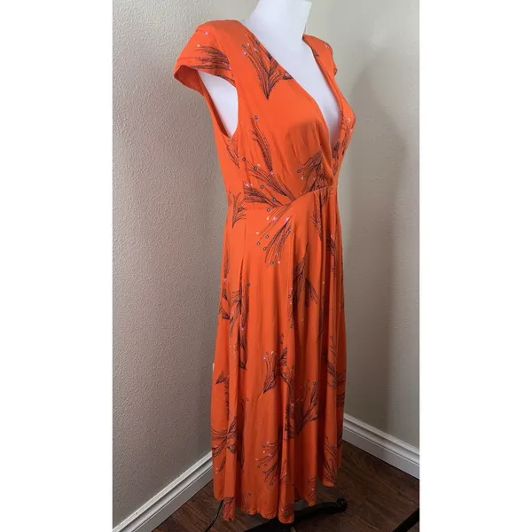 Free People Dress Sz 6 V Neck Orange Red Botanical Long Flutter Cap Sleeve Boho - Image 2