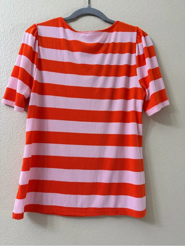 CATO Ribbed Striped Heart Neck Top Size L Pink Orange Puff Sleeve Stretch Knit - Image 2