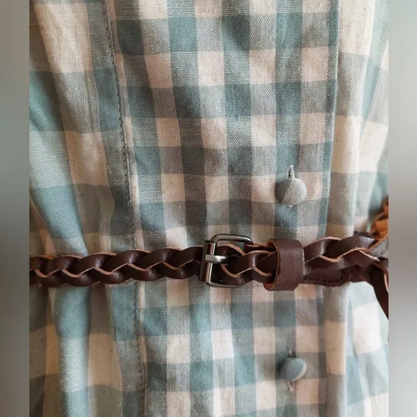 Gingham Shirt Dress Beige & Green Sleeveless Belted Mod Cottagecore Country - Image 5