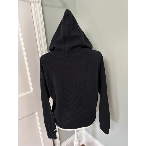 Champion Thermal Hoodie Black Ribbed Athletic Womens Size‎ Small Cropped - Image 3