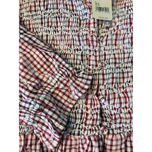 Free People Charlotte Gingham Tunic‎ Women XS Red White NEW Smocked Boho - Image 6