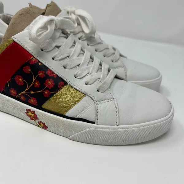 Diane Von Furstenberg Tess 9 Lace Up‎ Sneakers Gold & Red Stripe & Floral Design - Image 8
