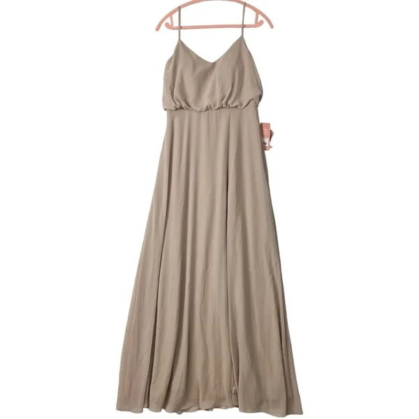 Birdy Grey Gwennie‎ Chiffon Gown Sleeveless Spaghetti Straps Taupe Slit S NEW - Image 3