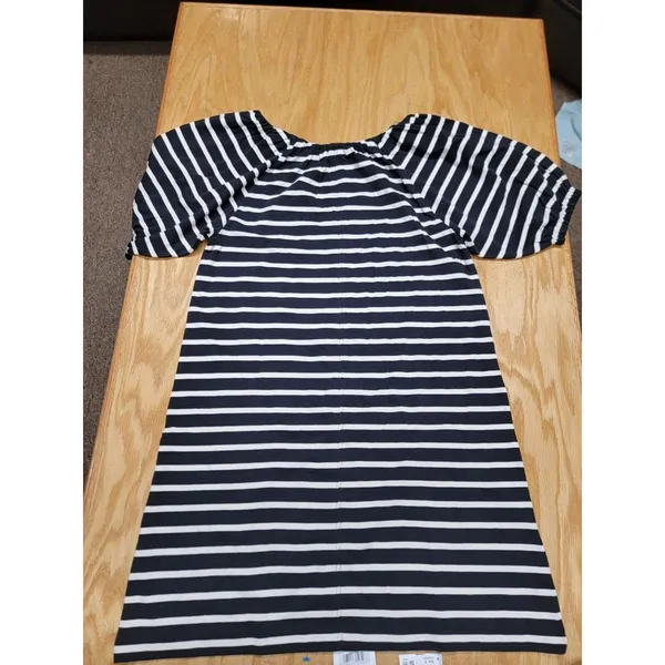 J. Crew Shift Dress Womens Small Black White Striped Knit Puff Sleeve B84 - Image 2