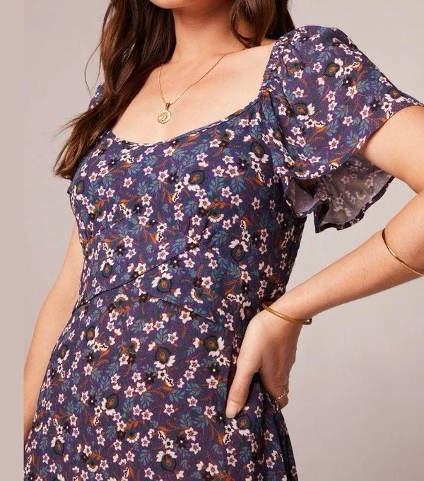 New Band Of The Free Floral Print Crossover Waist Mini Dress Purple Size Medium - Image 2