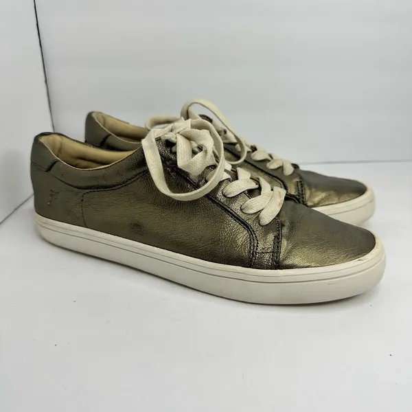 Frye Womens 8.5 Kerry Metallic Leather Low Top Sneakers Gold Pewter Urban Chic - Image 14