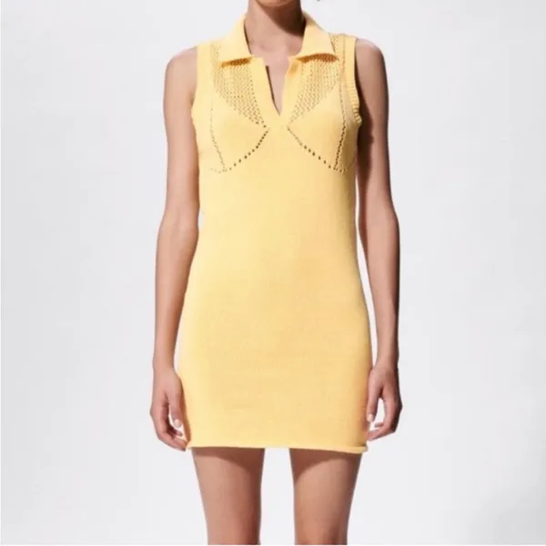 Zara Yellow Perforated Collared‎ Sleeveless V-Neck Knit Mini Dress Medium - Image 5