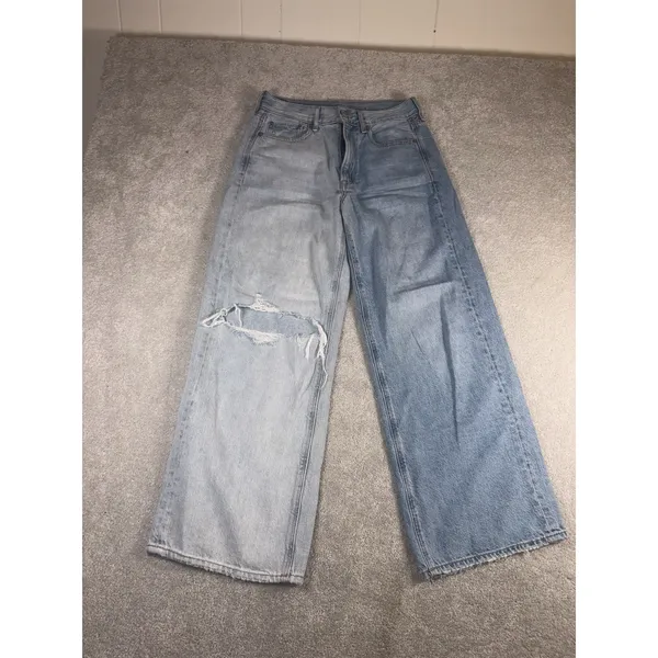 American Eagle Jeans Size 6 Short Wide Leg Baggy Distressed Skater Jeans 2 Tone - Image 5