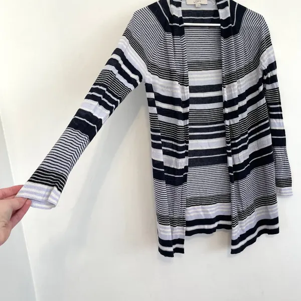 ANN TAYLOR LOFT Striped Fine Knit Open Cardigan Blue / Periwinkle ? Navy Sweater - Image 8