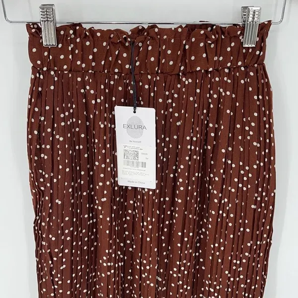 Exlura Women's High Waist Elastic Polka Dot Pleated Midi Tiered Skirt Brown Sma - Image 2