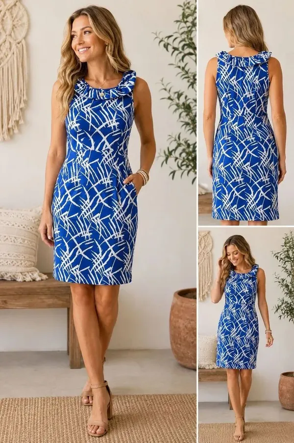 Tyler Boe Blue White Abstract Print Sleeveless Sheath Dress Size Medium #1600 - Image 2