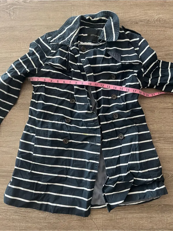 Banana Republic Double Breasted Cotton Trench Coat Womens MP Navy White Striped - Image 11