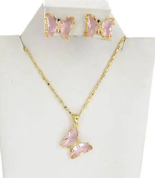 Plated Pink Butterfly Necklace & Earring Set - Image 2