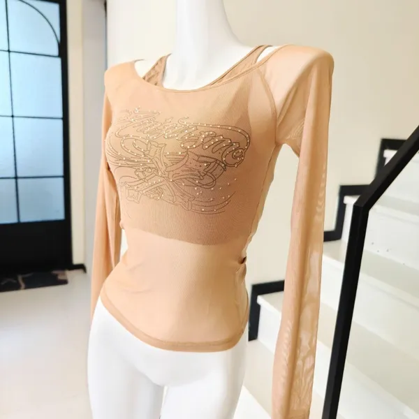 Mesh Long Sleeve Top Rhinestone Letter Graphic - Image 3