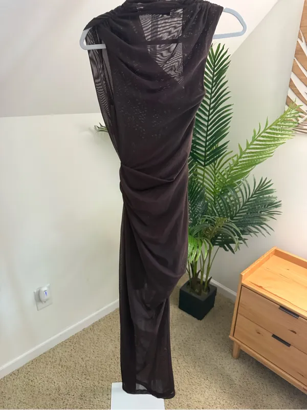 MISHA COLLECTION Tillie Asymmetric Mesh Midi Dress Umber Brown - Image 8