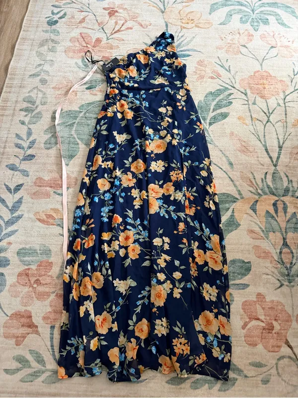 Lulus Elegant Admiration Navy Blue Floral One-Shoulder Maxi Dress - Image 4