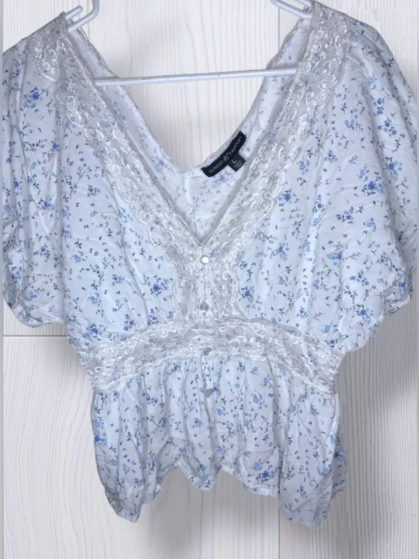 ALMOST FAMOUS Cottagecore Floral Flutter Sleeve Lace Crochet Empire Waist Blouse - Image 5